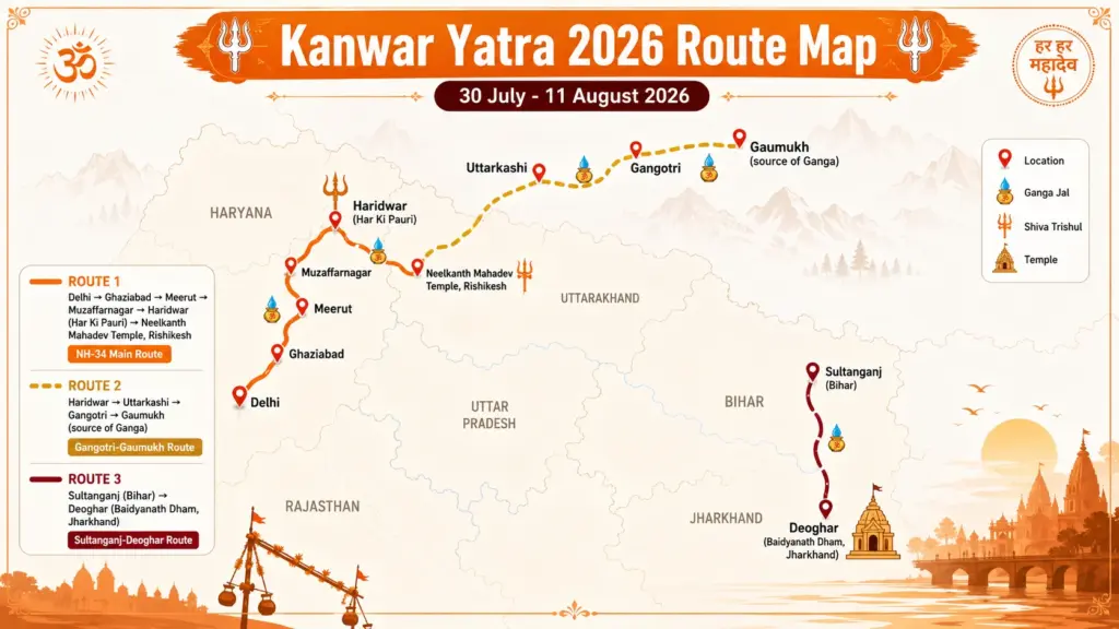 Devotees carrying decorated kanwars walking along highway route